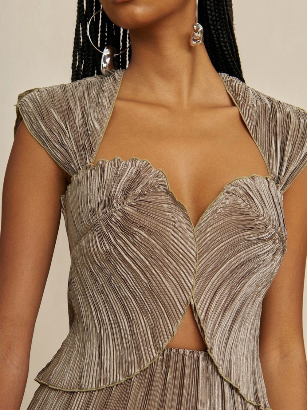 Cult Gaia Milli Sweetheart Neck Pleated Top Taupe Metallic Size XS